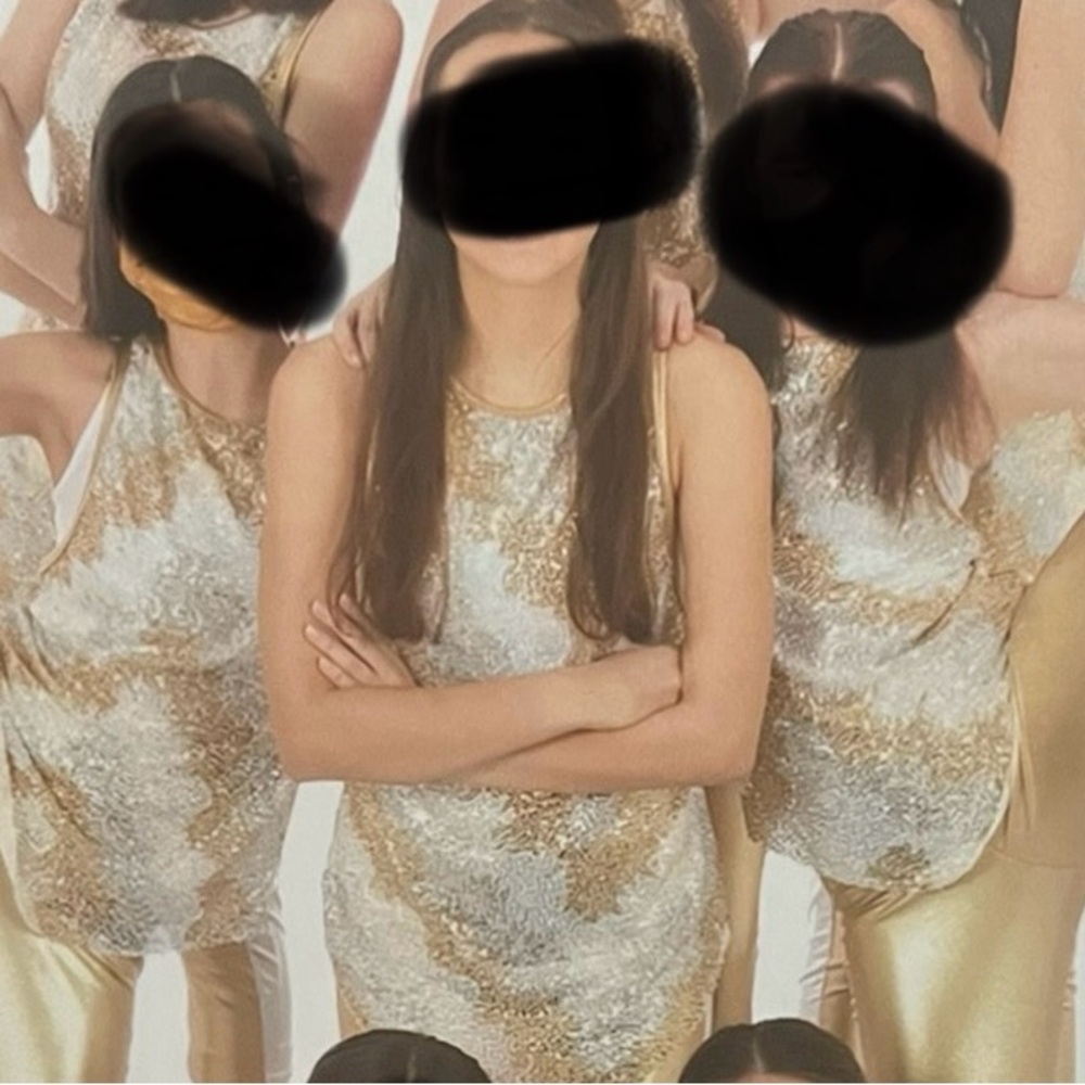 A Wish Come True gold and white sequin dance tunic with white sports bra